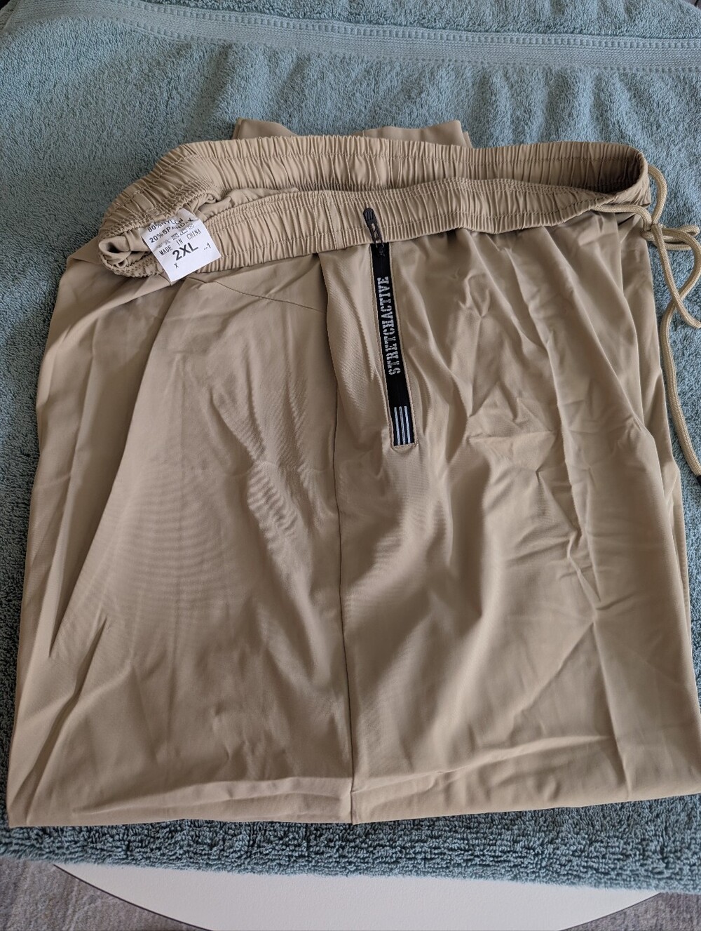Shortened Beige Drawstring Elastic Waist Athletic Pants 2XL